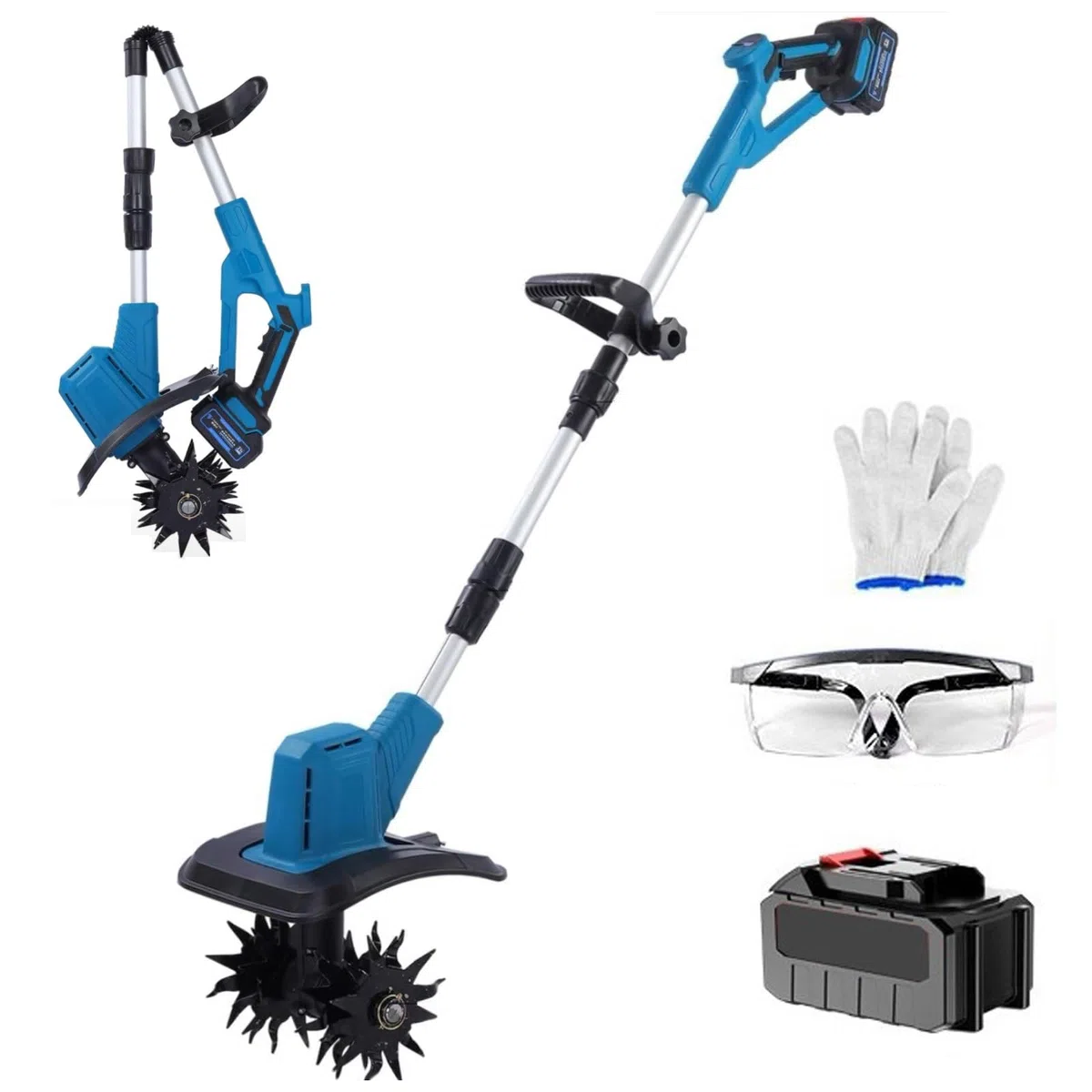 Motobineuse Électrique Sans Fil 21 V, Retourneur de Sol Pliable avec Poignée Réglable, 30 Cm de Largeur, 20 Cm de Profondeur, Tête de Lame À 4 Rangées, Cultivateur Sans Fil 330 10-cell single battery