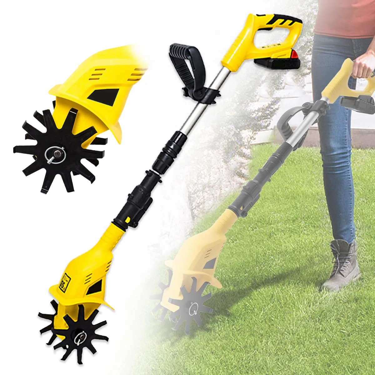 Motobineuse et cultivateur électrique sans fil, motoculteur de jardin avec tige télescopique en alliage d'aluminium, poignée ergonomique, pour creuser le sol de la pelouse du jardin, jaune