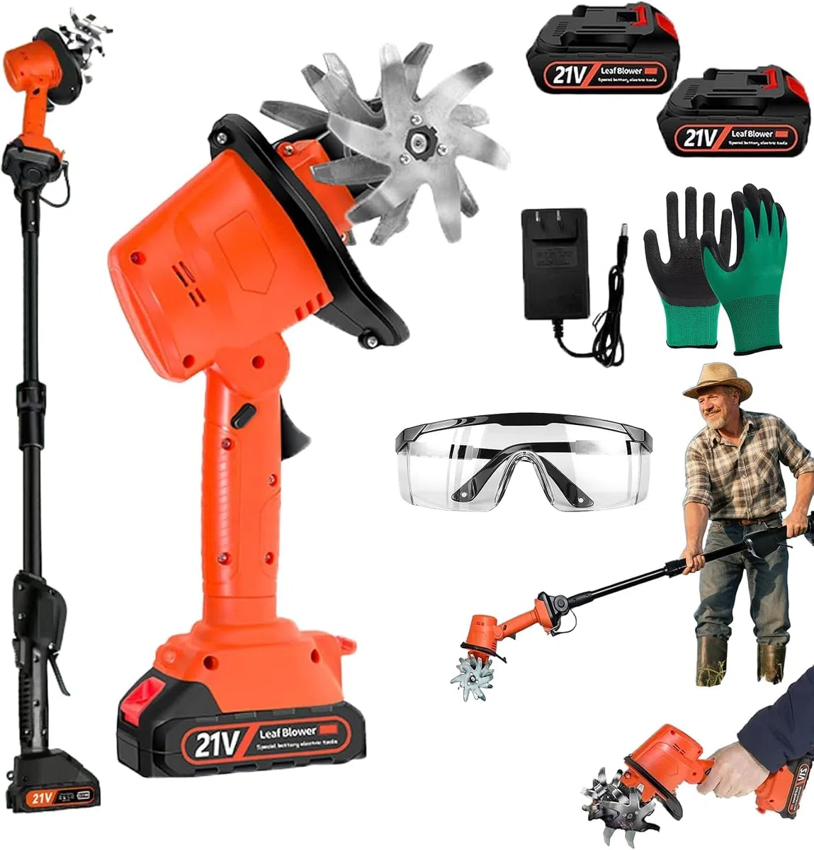 Motoculteur sans Fil Mini Tiller 21 V, 235 TR/Min, avec 2 Batteries et Chargeur, Largeur et Profondeur de Travail de 12,7 cm, motoculteur électrique portatif avec Manche.