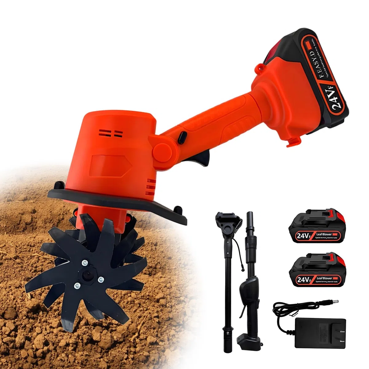 Motobineuse Électrique sans Fil, 24V 235 RPM Mini Motoculteur de Jardin avec 2 Batteries & D'extension Amovible, 4 Lames Acier, 10cm Largeur/Profondeur pour Potager, Jardin et Serre