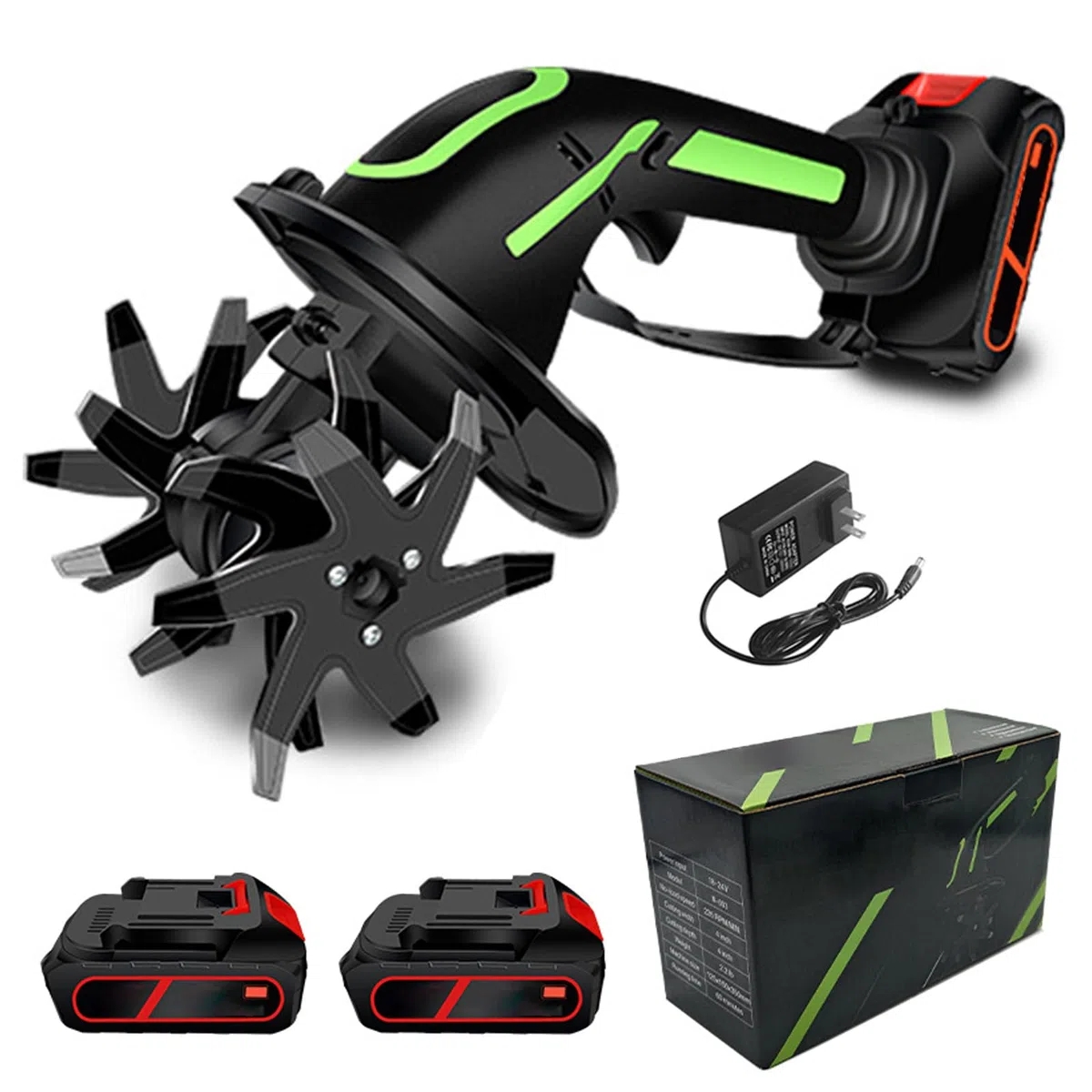 Motobineuse électrique sans Fil avec 2 Batteries, Lames de Coupe en Acier 65Mn durcies et épaissies, 235 TR/Min, Largeur de Labour de 10 cm pour Jardin, Potager et Serre 2-Cell Battery, no Rod